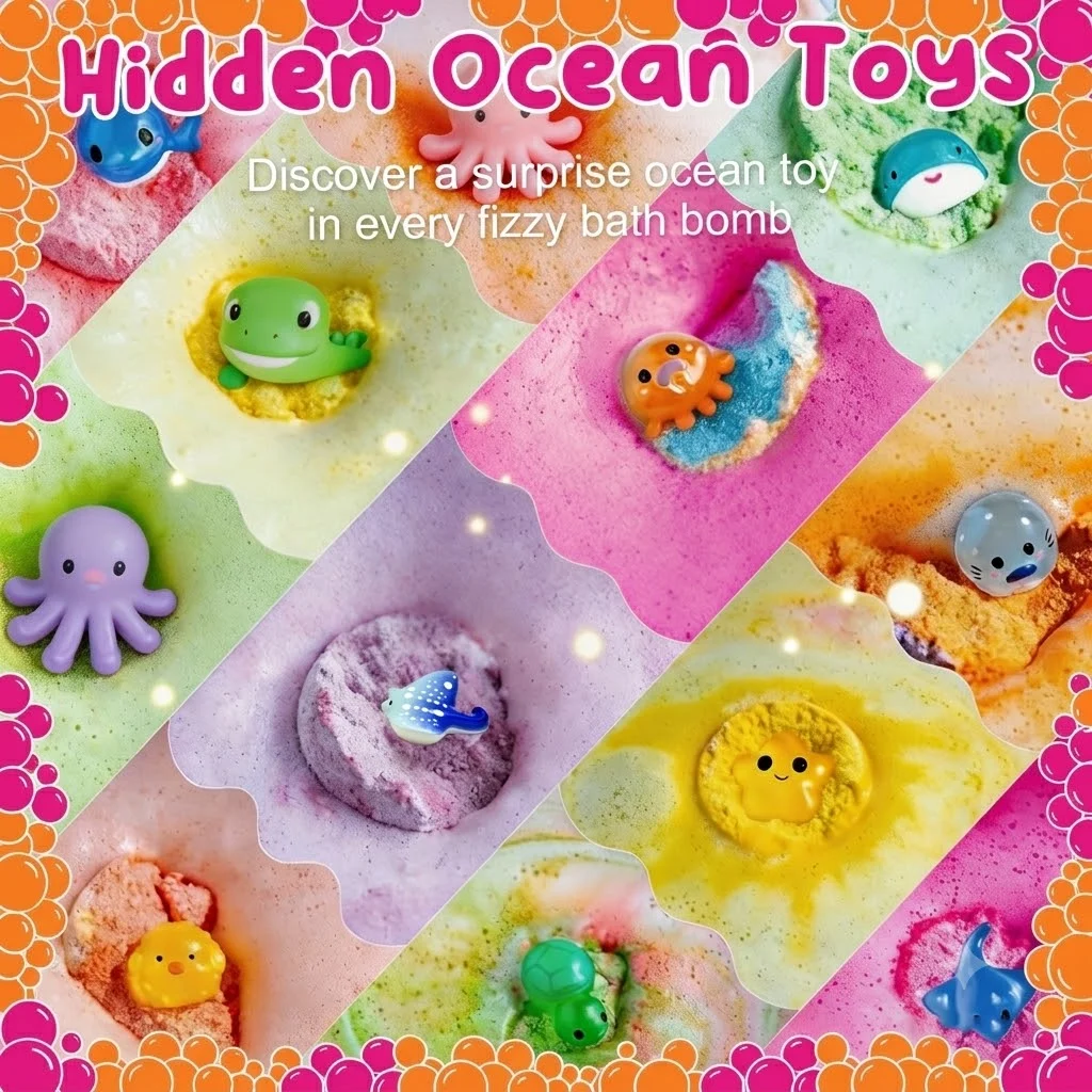 Ocean toys hiding in colorful bath bomb foam