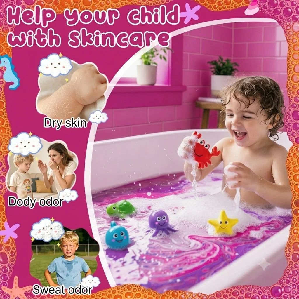 A happy toddler playing with toys in a pink bubble bath
