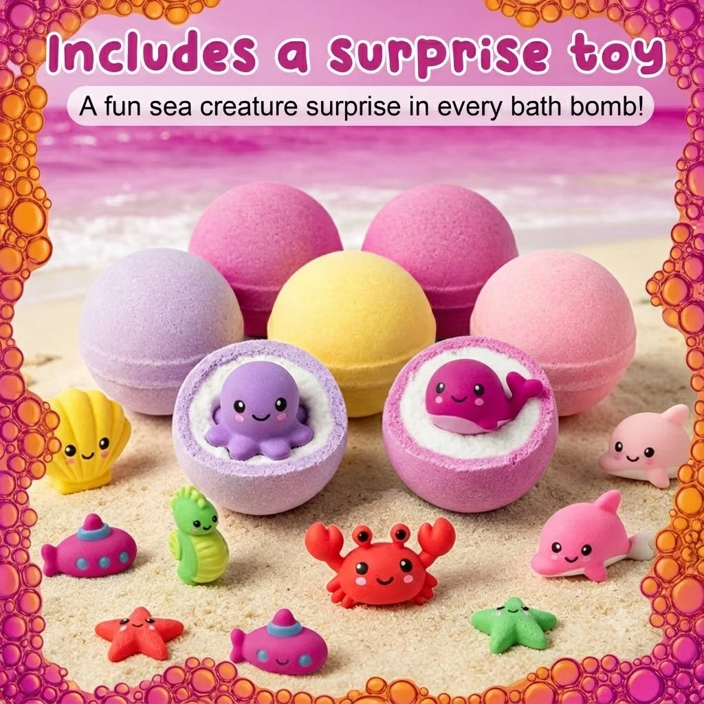 Bath bombs on the sand with sea creature toys: octopus, whale, crab, seahorse and more